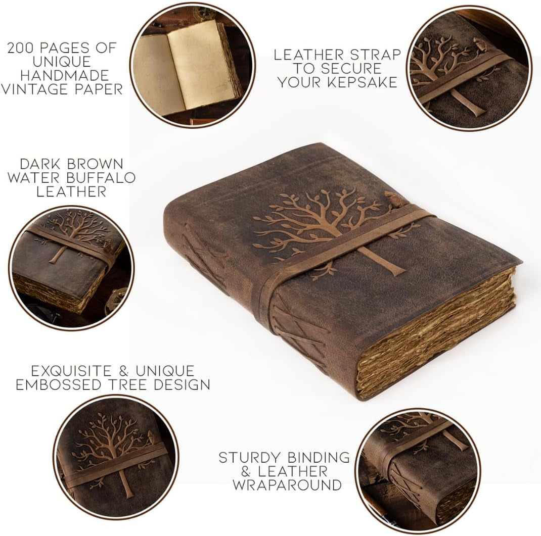 Vintage Leather Journal Tree of Life-Leather Bound Journal-Antique Paper-Beautiful Embossed Tree Leather Sketchbook - for Drawing Sketching and Writing-240 Pages