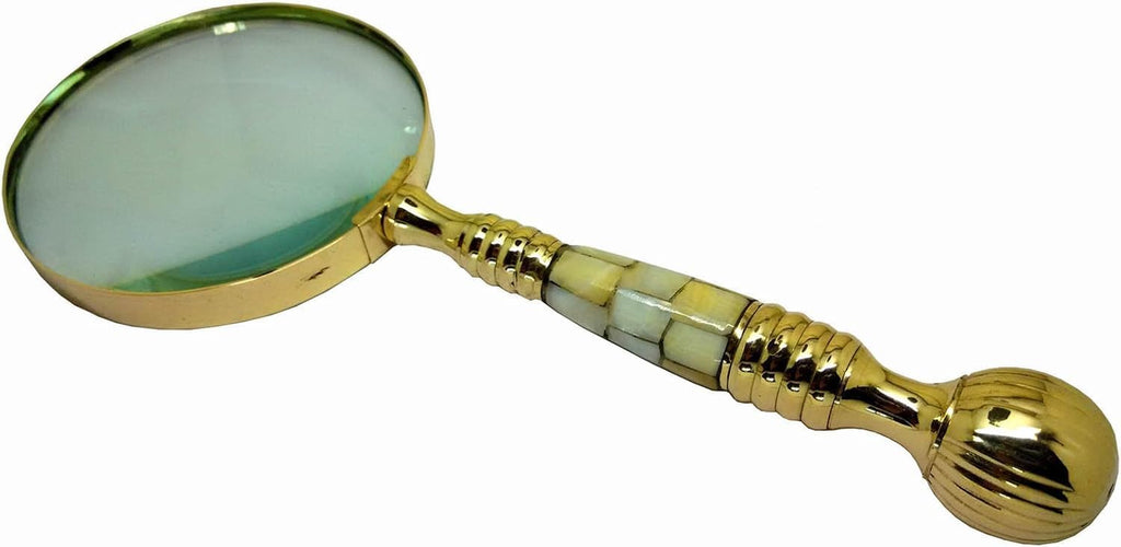 Huge Victorian Style Brass & Mother-Of-Pearl 4" Lens Magnifying Glass. Very Beautiful.