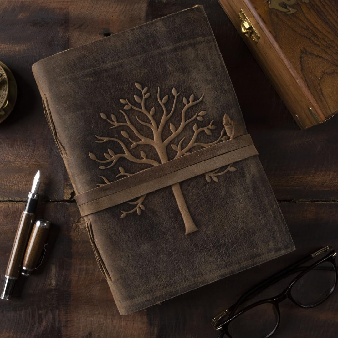 Vintage Leather Journal Tree of Life-Leather Bound Journal-Antique Paper-Beautiful Embossed Tree Leather Sketchbook - for Drawing Sketching and Writing-240 Pages
