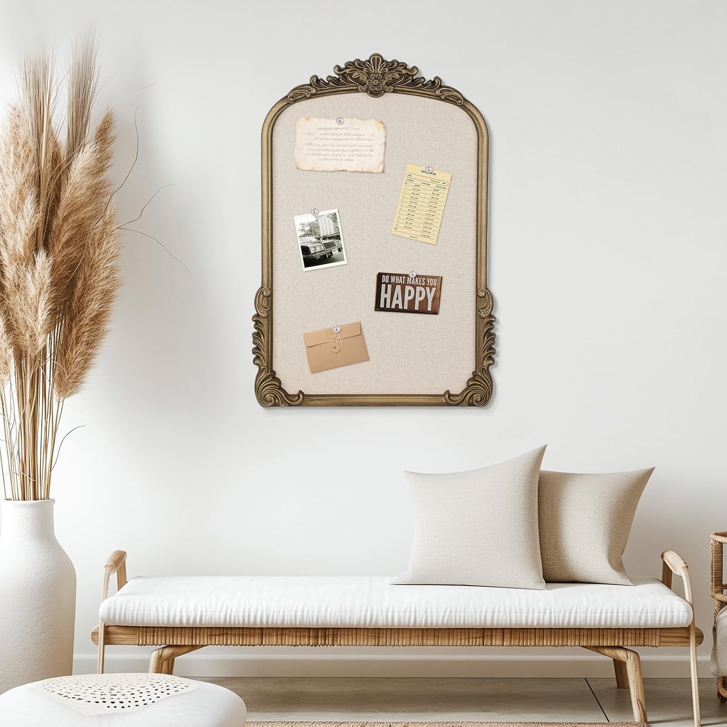Arch Fabric Pin Board, 19" X 27" Vintage Bulletin Board with Gold Frame | Retro 3 D Display Frame, Ornate Design for Wall Decor, Home Office, Classroom, Studio, Bedroom Holds Photos, Notes, Reminders