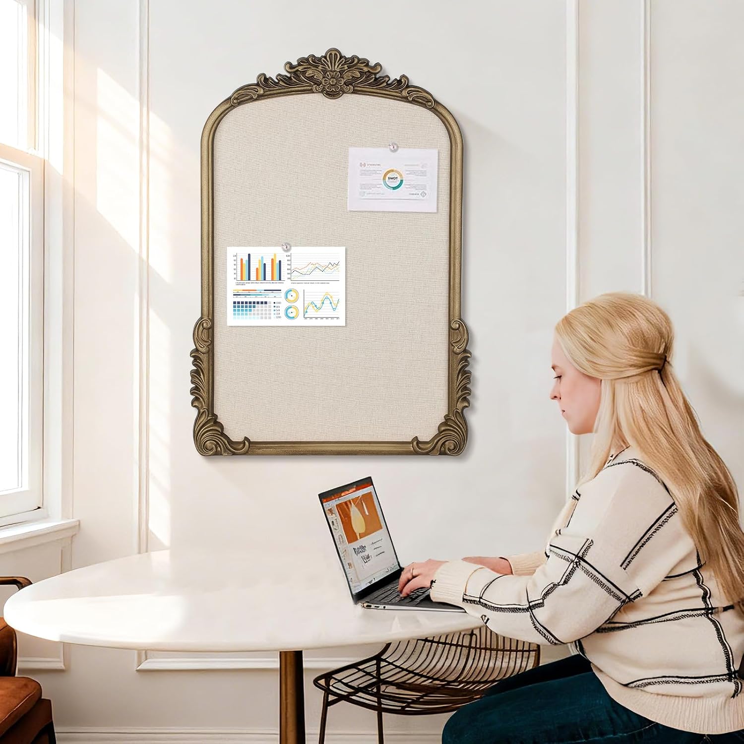 Arch Fabric Pin Board, 19" X 27" Vintage Bulletin Board with Gold Frame | Retro 3 D Display Frame, Ornate Design for Wall Decor, Home Office, Classroom, Studio, Bedroom Holds Photos, Notes, Reminders