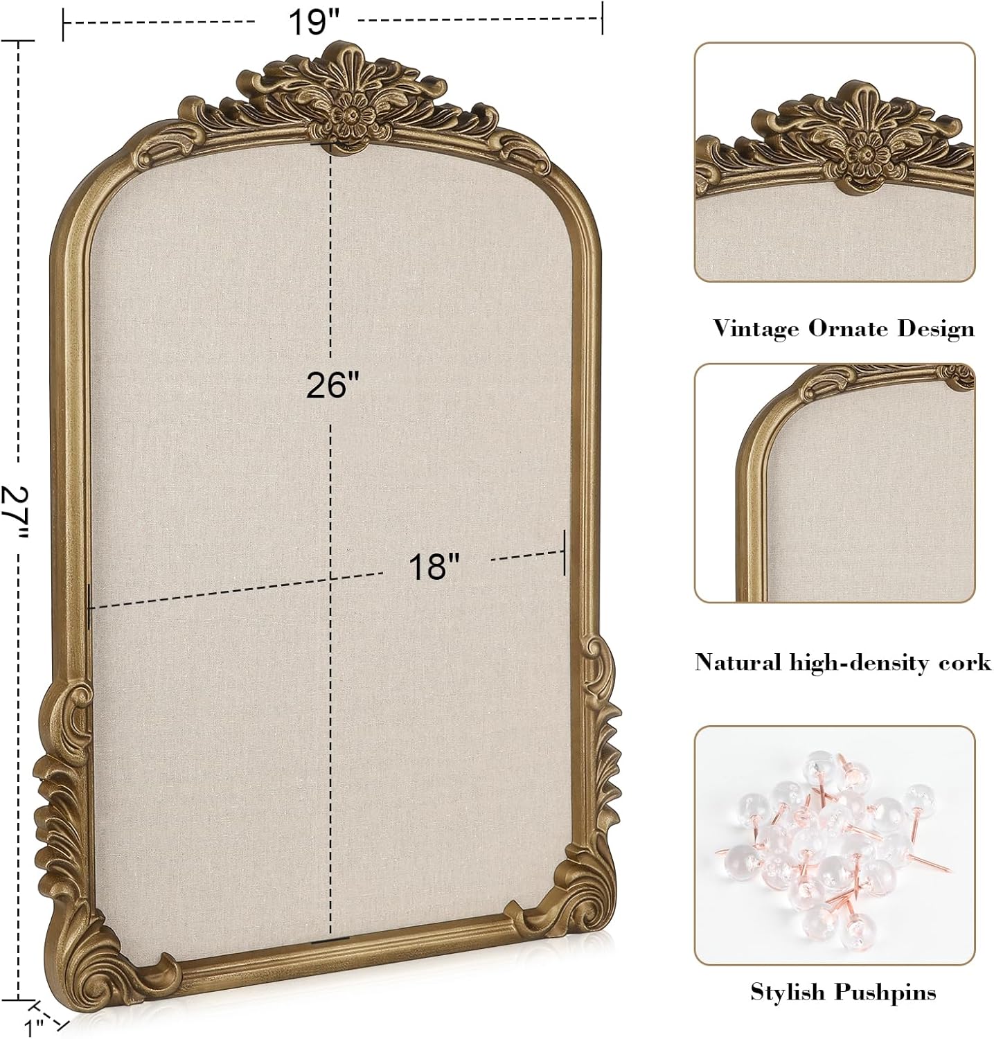 Arch Fabric Pin Board, 19" X 27" Vintage Bulletin Board with Gold Frame | Retro 3 D Display Frame, Ornate Design for Wall Decor, Home Office, Classroom, Studio, Bedroom Holds Photos, Notes, Reminders