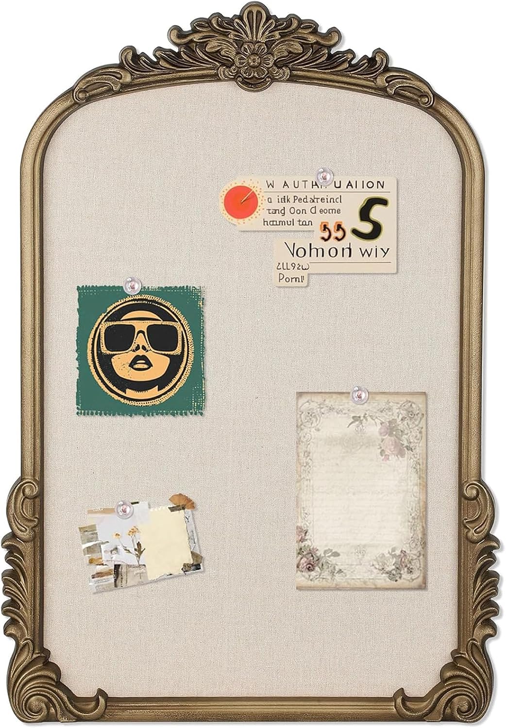 Arch Fabric Pin Board, 19" X 27" Vintage Bulletin Board with Gold Frame | Retro 3 D Display Frame, Ornate Design for Wall Decor, Home Office, Classroom, Studio, Bedroom Holds Photos, Notes, Reminders