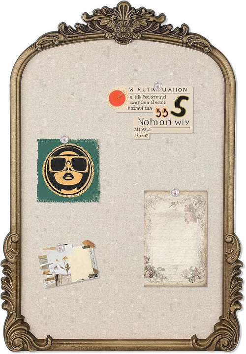 Arch Fabric Pin Board, 19" X 27" Vintage Bulletin Board with Gold Frame | Retro 3 D Display Frame, Ornate Design for Wall Decor, Home Office, Classroom, Studio, Bedroom Holds Photos, Notes, Reminders