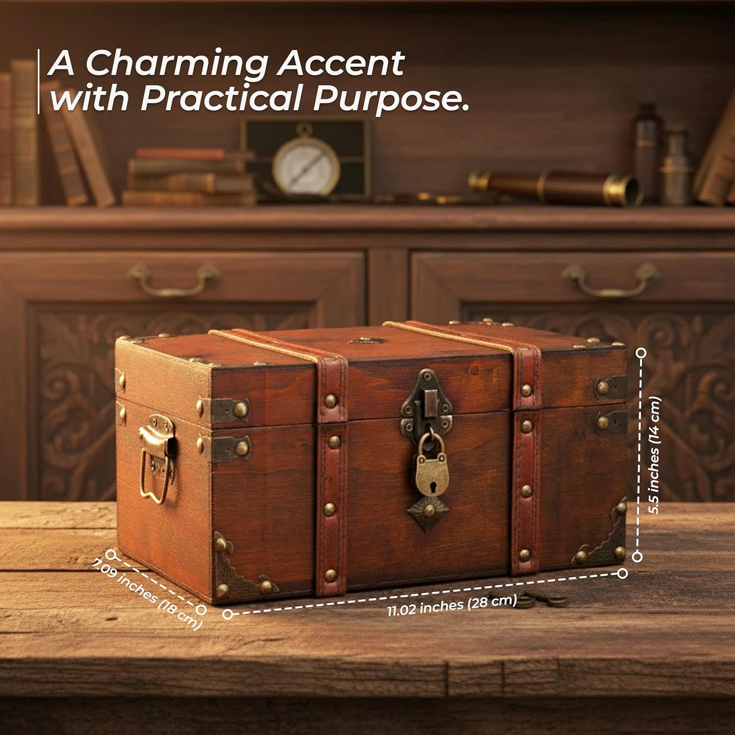 Antique Treasure Chest Box with Tray – Lockable Vintage Decorative Chest for Storage, Keepsakes, Jewelry – Pirates Wooden Chest Decor (11X7.1X5.5)