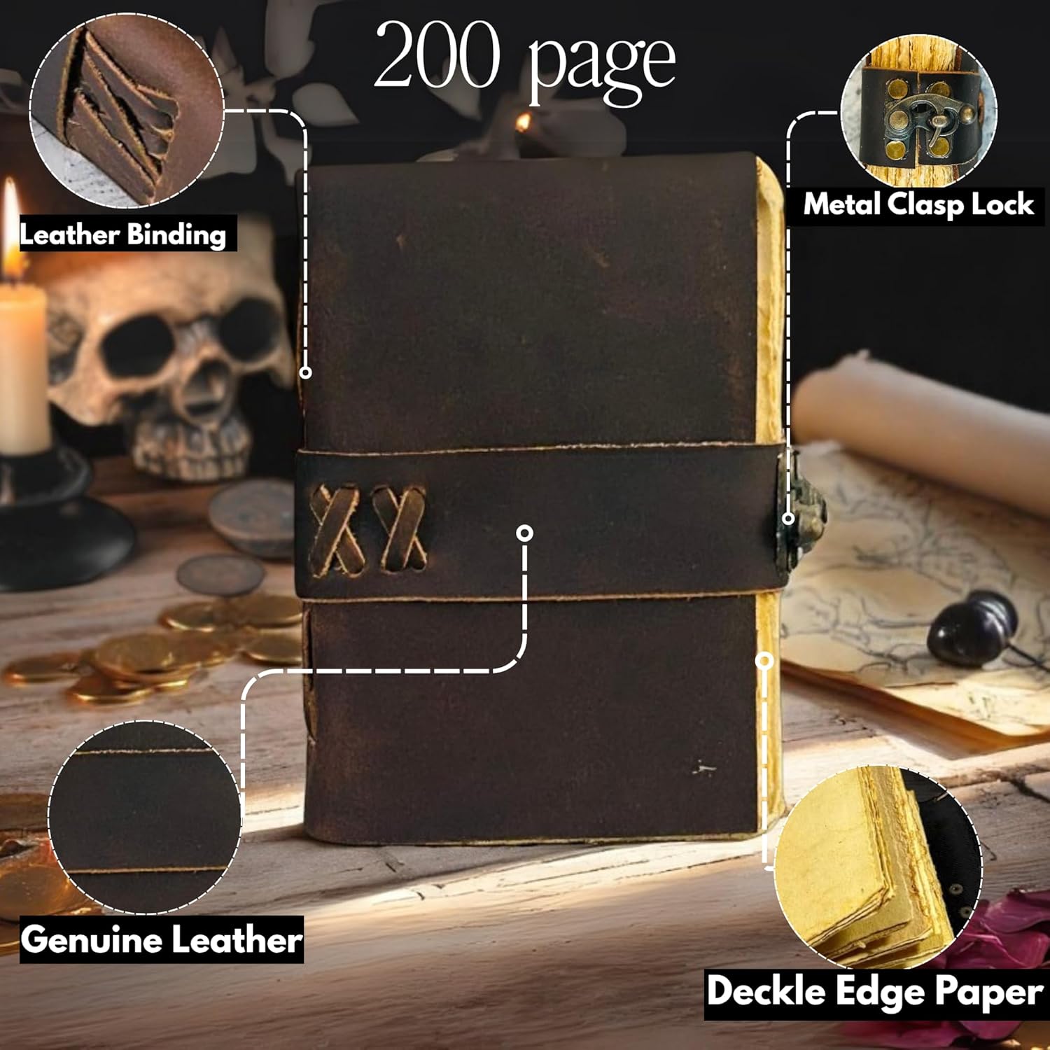 Small Vintage Leather Journal - 4" X 6" Book of Spell Handmade Leather Bound Vintage Notebook- Mini Book of Shadows Journal Asethetic Travelers Scrapbook Pocket Sketchbook Leather - Lock Closure - 200 Pages- Rustic Brown Color - Christmas Gift for Women & Men