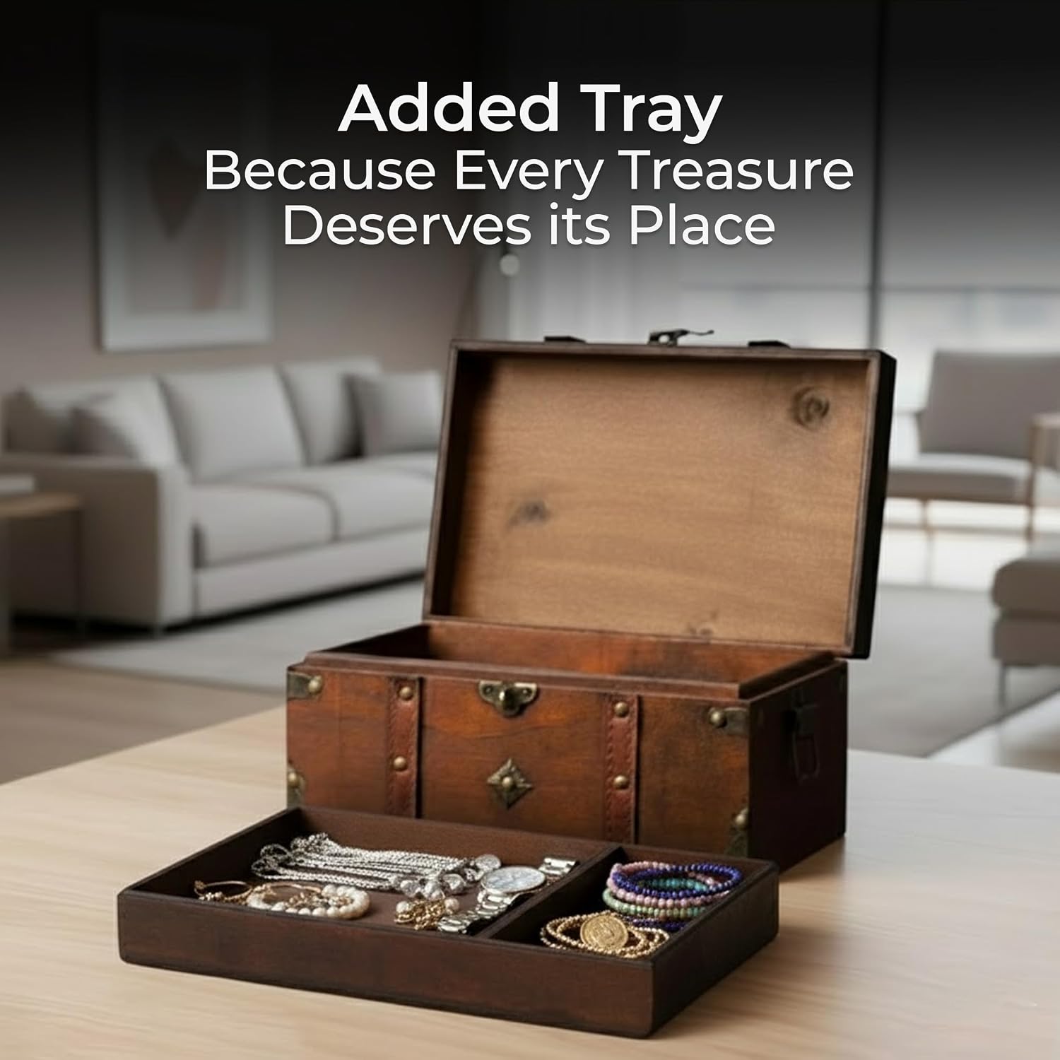 Antique Treasure Chest Box with Tray – Lockable Vintage Decorative Chest for Storage, Keepsakes, Jewelry – Pirates Wooden Chest Decor (11X7.1X5.5)
