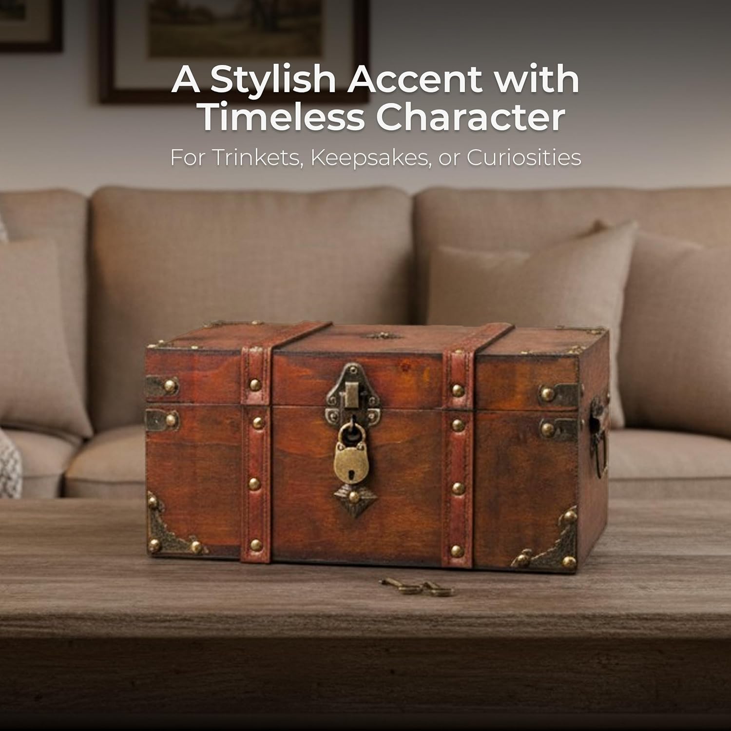 Antique Treasure Chest Box with Tray – Lockable Vintage Decorative Chest for Storage, Keepsakes, Jewelry – Pirates Wooden Chest Decor (11X7.1X5.5)