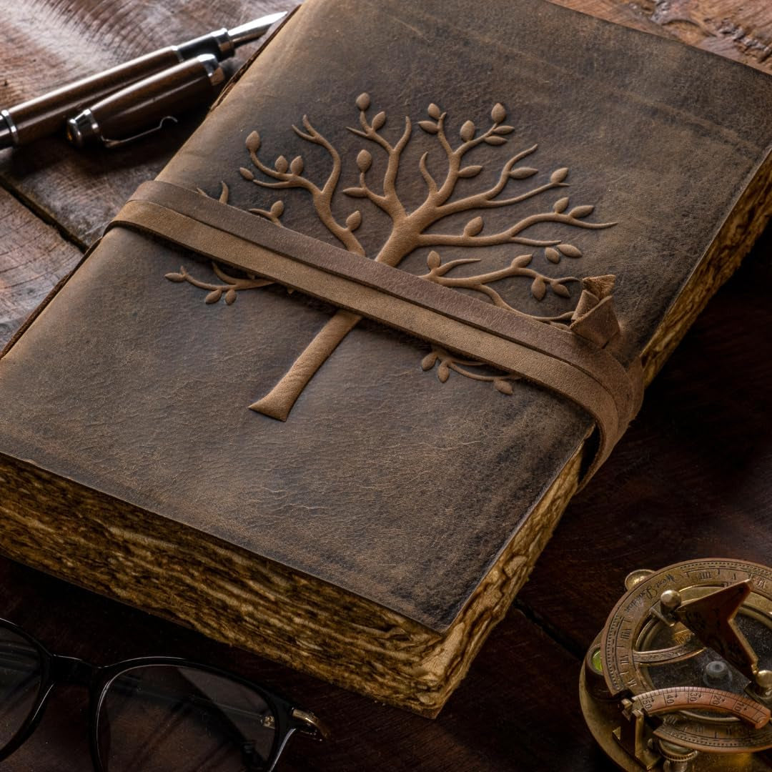 Vintage Leather Journal Tree of Life-Leather Bound Journal-Antique Paper-Beautiful Embossed Tree Leather Sketchbook - for Drawing Sketching and Writing-240 Pages